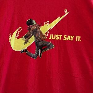 DC Comics Shazam Red Graphic Tee Just say it Nike Parody Billy Batson Great Used